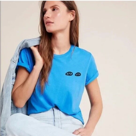 Clare V x Anthropologie Blue T Shirt Large Eyes Les Yeux Graphic Tee Boxy - Picture 1 of 6
